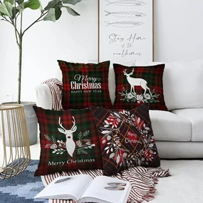 Zestaw 4 świątecznych szenilowych poszewek na poduszki Minimalist Cushion Covers Tartan Merry Christmas, 55x55 cm