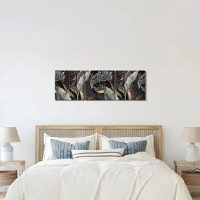 Obraz - Tropikalne liście w kolorze czarno - złotym (z zegarem) (90x30 cm)