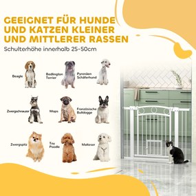 PawHut Bramka zabezpieczająca dla zwierząt, 77 cm, regulowana szerokość 76-104 cm, z drzwiami dla kota, do schodów i drzwi, biały