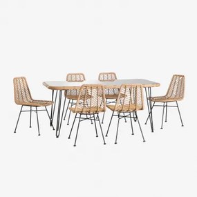 Set De Mesa Rectangular En Mimbre Sintético (180x90 Cm) Leribert Y 6 Sillas De Jardín En Ratán Sintético Gouda Natural Miel & Bez Poduszki - Sklum