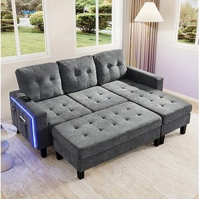 Prawa Narożna Rozkładana Sofa 3-osobowa - z Pufą, LED i USB - Wymiary posłania 156x115 cm - Tkanina Welurowa - Szary