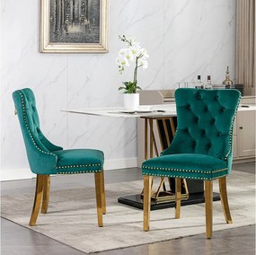 Zestaw 2 krzeseł jadalnianych z zielonego aksamitu z tapicerowanym oparciem i złotymi metalowymi nogami