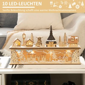 HOMCOM Dekoracja Bożonarodzeniowa, zasnowione miasteczko, 10 diod LED, ciepłe światło, sklejka, 45 x 10 x 25 cm