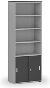 Szafa biurowa kombinowana PRIMO GRAY, drzwi przesuwne na 2 poziomach, 800 x 420 x 2128 mm, szary/grafit