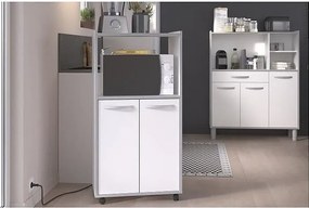 Kompaktowy wózek kuchenny 60 cm biały matowy 2 drzwi + nisza z półką, miejsce na mikrofalówkę, plastikowe nóżki, Made in France