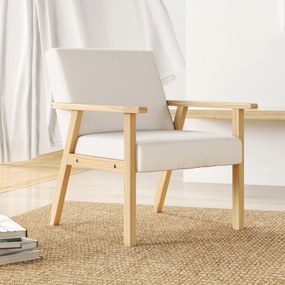 HOMCOM Fotel tapicerowany z podłokietnikami, krzesło do jadalni w wyglądzie lnu, rama z litego drewna, 64 x 70 x 72 cm, kremowy