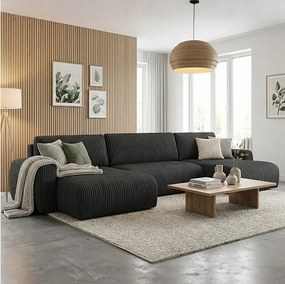 Stylowy narożnik rozkładany  ARIEL U 387x150x87 cm w tkaninie Velo 19 czarnej