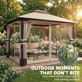 Outsunny Pawilon 3,6x3 m Wodoodporny Stabilny Zimowy Pawilon Ogrodowy z Podwójnym Dachem, Moskitierą, Zasłonami, Otworami Odwadniającymi | Aosom PL