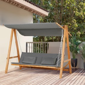 Outsunny Huśtawka Ogrodowa z Funkcją Łóżka 3-osobowa, Huśtawka z Drewna Modrzewiowego z Regulowanym Dachem Przeciwsłonecznym, Ławka Huśtawka Obciążenie 250kg, 225,5 x 113 x 180 cm Szary+Teak | Aosom PL