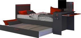 Łóżko wysuwane dla graczy 2 x 90 x 200 - Z biurkiem - Diody LED - Antracyt i czerwień + Stelaż - VOUANI