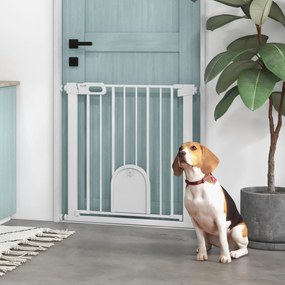 PawHut bramka dla zwierząt, regulowana, z małymi drzwiczkami, metal, plastik, biały