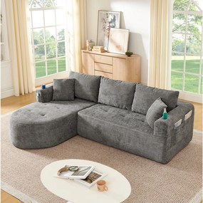 4-osobowa sofa narożna z kieszeniami bocznymi i uchwytem na kubki, bez montażu, z lnu, szara
