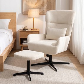 HOMCOM Obrotowy fotel lounge 360° z podnóżkiem, regulacja wysokości, obicie chenille, z poduszką lędźwiową, kremowo-biały | Aosom PL