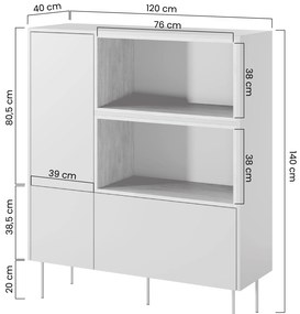 Komoda wysoka Desin 120 cm z wnękami, szufladą i metalowymi nogami - czerwony / ceramic red / dąb nagano
