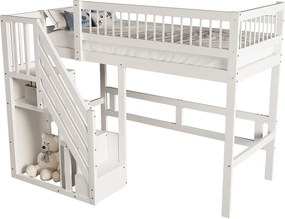 Łóżko mezzanine 90x200cm - ze schodami z miejscem do przechowywania - drewno lite + sklejka + MDF - Biały