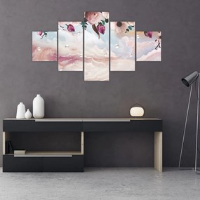 Obraz różowych kwiatów z różowym marmurem (125x70 cm)