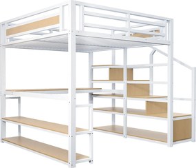 Łóżko mezzanine metalowe 140x200 cm - z drabiną do przechowywania i biurkiem - Białe