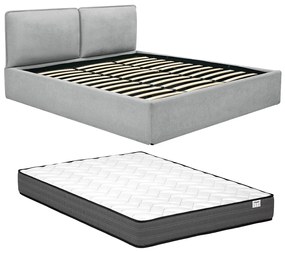 Łóżko ze skrzynią ze zdejmowanym pokrowcem 180 x 200 cm - Tkanina - Jasnoszary + Materac - TENESE