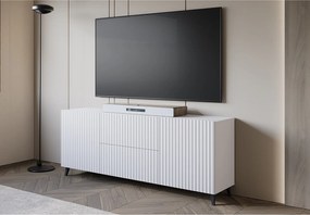 Nowoczesny lowboard 180 cm biały, szafka RTV z ryflowanymi frontami, 2 szuflady i 2 szafki boczne