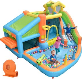 Nadmuchiwany zamek dla dzieci 8-w-1: Plac Zabaw ze Zjeżdżalnią, Basenem, Wbudowaną Kuchnią, Koszykówką i Rzutem Pierścieni - Dmuchawa 580W - 360x350x210cm