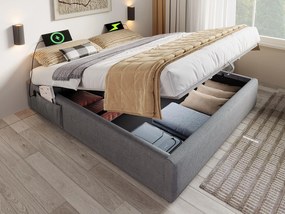 Łóżko tapicerowane 160×200cm - tkanina lniana - z gniazdami do ładowania i stelażem na listwy - Szary