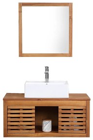 Szafka łazienkowa wisząca  z drewna akacjowego z pojedynczą umywalką i lustrem - 90 cm - PENEBEL