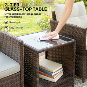 Outsunny Zestaw balkonowy z rattanu, 3-częściowy zestaw mebli ogrodowych z 2 fotelami, stolikiem z dwupoziomowym blatem szklanym, kremowobiały | Aosom PL