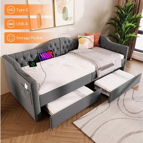 Łóżko tapicerowane 90 x 200 cm z ładowaniem USB typu C i 2 szufladami, sofa rozkładana - Tkanina lniana - Szary