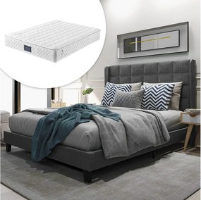 Łóżko tapicerowane z wezgłowiem - 140 x 200 cm - tkanina lniana - box spring + materac - szare