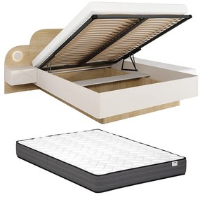 Łóżko ze skrzynią 160 x 200 cm - Z szafkami nocnymi i LEDami - Kolor: Beżowy i Naturalny + Materac - DARTAGNO