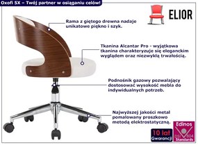 Biały tapicerowany fotel obrotowy z drewnem orzechowym - Oxofi 5X