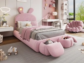 Łóżko dziecięce 90x200 cm tapicerowane welurem - uszy królika z regulowanym LED - z 2 taboretami do przechowywania - Różowe