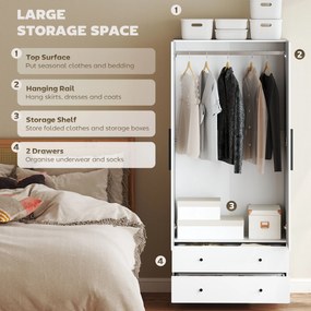 HOMCOM Szafa, 2 Drzwi, Przestrzeń Wisząca, Stanga, 2 Szuflady, Płyta Wiórowa, Biała