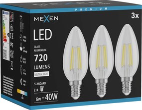 Mexen Vintis 3x żarówka filament LED E14, C35, 6W, Neutralna - 4000K, 720 lm, clear - L154-E14-0640-00x03