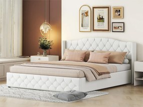 Łóżko z materacem na stelażu - tkanina lniana - 180x200cm - białe