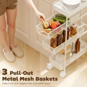 HOMCOM Wózek kuchenny metalowy, 3 kosze, wąski design, 4 koła, do kuchni, salonu, łazienki, biały