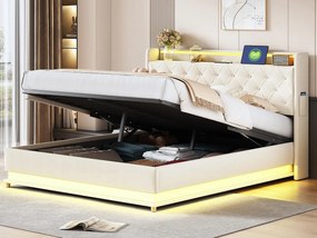 Łóżko z tapicerowanym zagłówkiem z LED 160x200 cm - z portem ładowania USB - z tkaniny lnianej - Beżowe