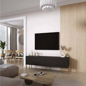 Szafka pod telewizor 170, fronty ryflowane, Czarny Mat, nóżki proste złote, 170 × 32 × 52 cm