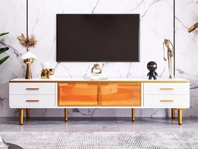Szafka RTV do salonu z 2 drzwiami i 4 szufladami - diody LED - wygląd marmuru - brązowe szkło i złoty metal - biały