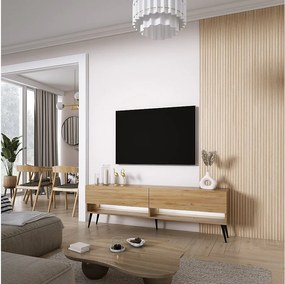 Szafka pod telewizor 170 cm Dąb Craft, nóżki pochyłe czarne, LED biały, 170 × 32 × 52 cm