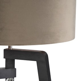 Lampa podłogowa trójnóg czarna klosz welurowy szarobrązowy 50cm - PurosWiejski/ Rustykalny / Vintage Oswietlenie wewnetrzne