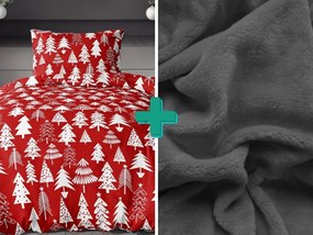 PrzytulneMieszkanie.pl PrzytulneMieszkanie.pl PrzytulneMieszkanie.pl Pościel flanelowa CHRISTMAS TREES czerwona + prześcieradło z mikropluszu SOFT 90x200 cm ciemnoszare