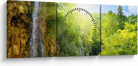 Obraz - wodospady w pralesie (z zegarem) (90x30 cm)