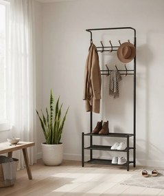 Czarny stojak na ubrania z półkami na buty C2-H46