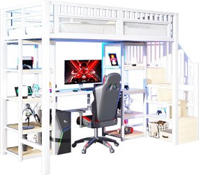 Łóżko piętrowe dla dzieci - 90 x 200 cm - rama żeliwna - z biurkiem + diody LED + port USB + półka + drabinka - metalowe - białe