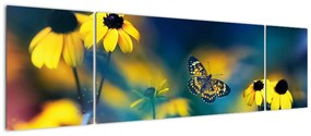 Obraz - Żółty motyl z kwiatami (170x50 cm)