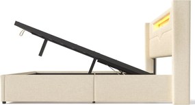 Łóżko ze schowkiem 160x200 cm - beżowy len - łóżko dla dorosłych z funkcją ładowania przez USB i oświetleniem LED - bez materaca