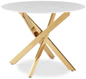 Stół Okrągły Szklany BALI 100 cm Biały Marmur/Złoty Glamour