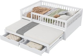 Sofa z łóżkiem z litego drewna 140×200 cm - z łóżkiem wysuwanym - 2 szuflady - z ogrodzeniem zabezpieczającym - białe (materac nie jest zawarty)