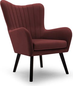Fotel TED z tkaniny Velluto, wysoka oparcie, szerokie siedzisko, czarne nogi, pionowe przeszycia, 76x78x100 cm, bordowy